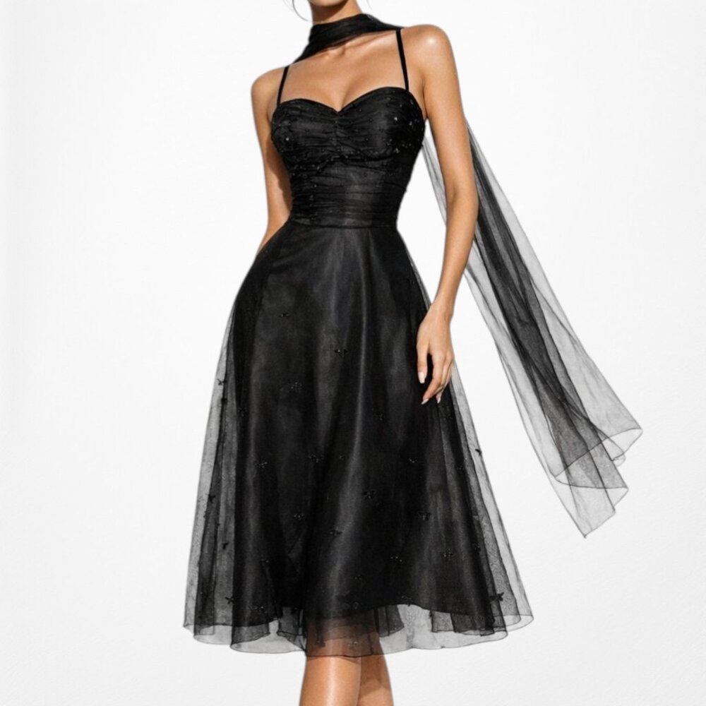 Vintage Y2K Black Sweetheart Sequin Mesh Midi Flared Skater Dress S